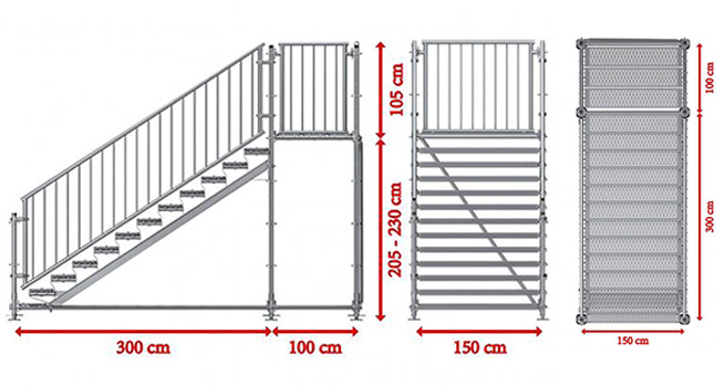 Samonosné venkovní schodiště RUX Premium s podestou - rozměry 2 x 4 x 1,5 m